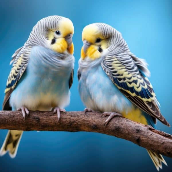 2 blue budgies on a branch in front of blue background