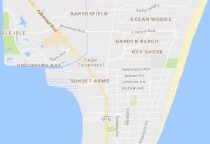  Cape Canaveral is so narrow that in many places it is only 5 short blocks wide bound by the Atlantic Ocean on the east and Banana River on the west