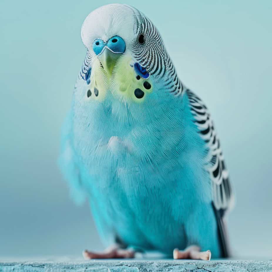 Blue budgie on light blue background