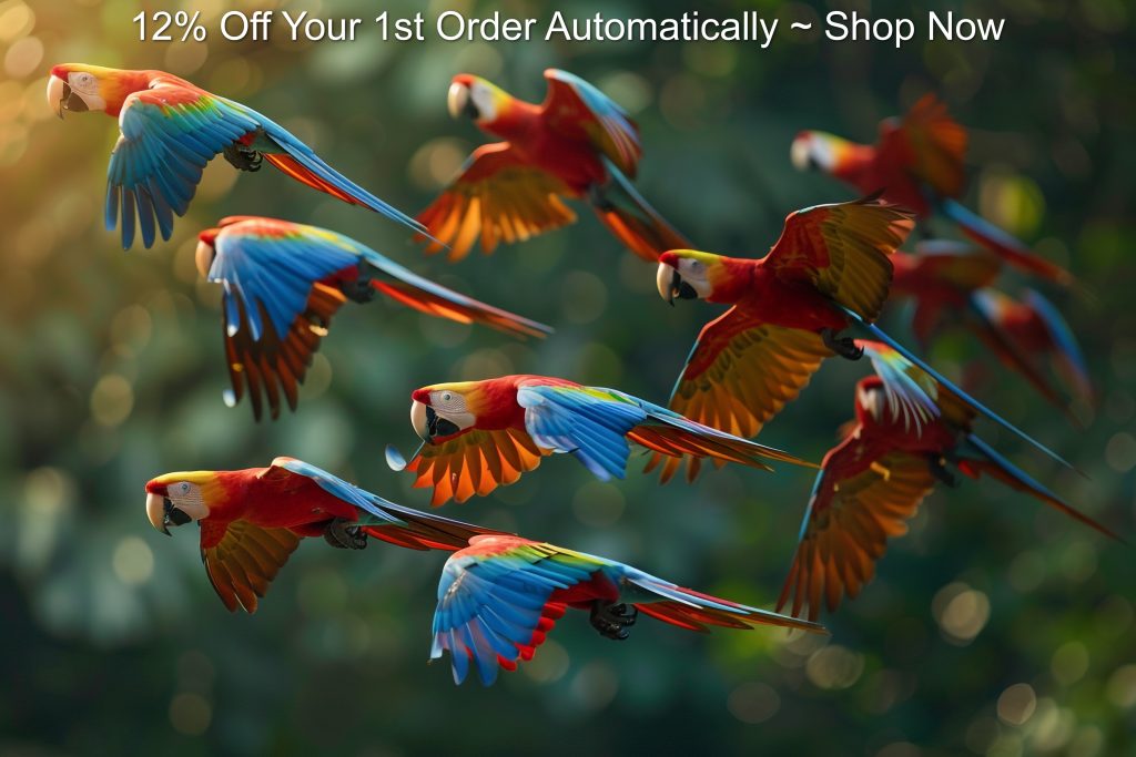 Flock of macaw parrots in flight