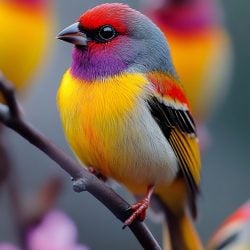 Gouldian finch on blossoming branch