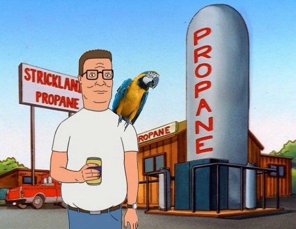 hank hill at work with macaw parrot on shoulder