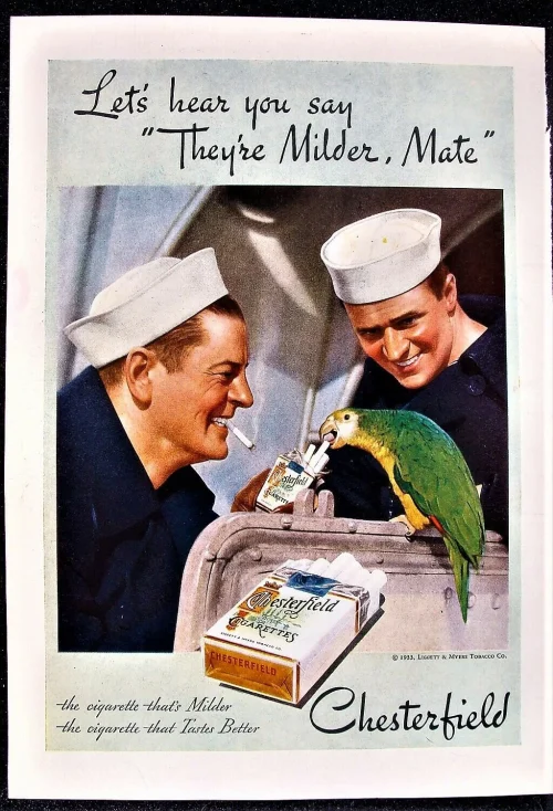 2 sailors and a parrot enjoying Chesterfield cigarettes