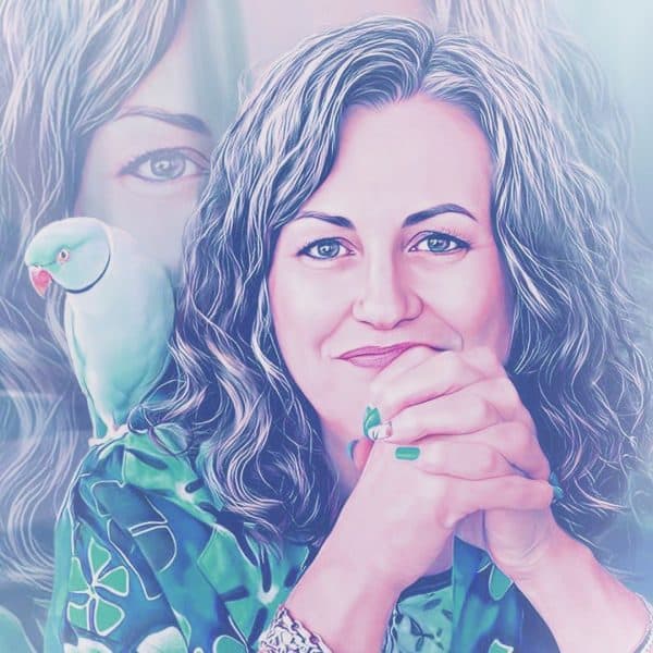 Photoshopped image of attractive woman with Indian ringneck parakeet on her right shoulder. 