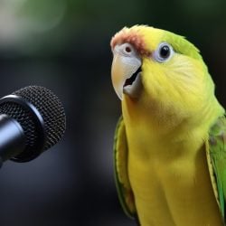 Parrot talking into microphone