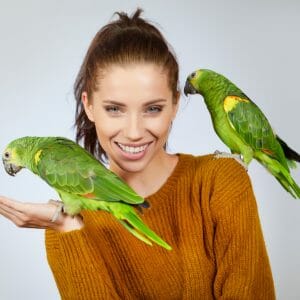 woman with amazon parrot on right hand left shoulder